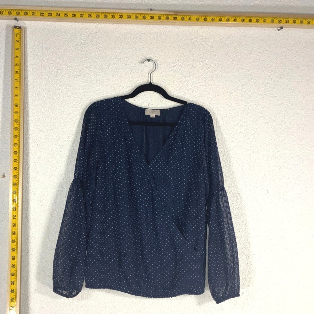 Loft Navy Polka Dot Clip Dot Blouse Womens XS Excellent Balloon Sleeve Wrap Top